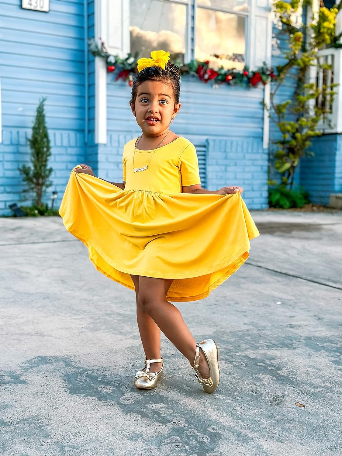 Stelle Girls Cotton Short Sleeve Twirl Skater Dress 3T-12Y | Twirl-Friendly Skirt, A Line,Criss Cross Back,Dress for School,Dance,Playwear,Casual,Active,Soft Stretch Breathable Comfy(A02-yellow (Without Pocket))