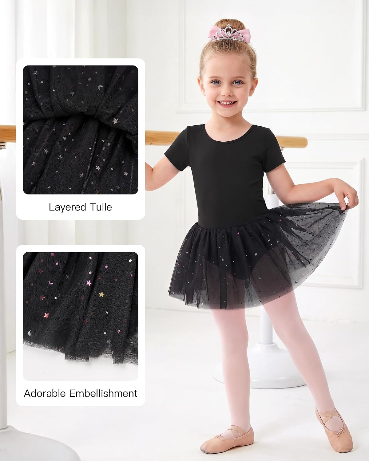 Stelle Girls Dance Leotards with Sequin Tutu Dress Ballet Leotards Gymnastic Ballerina Costume Toddler Ballet Outfit(Black)