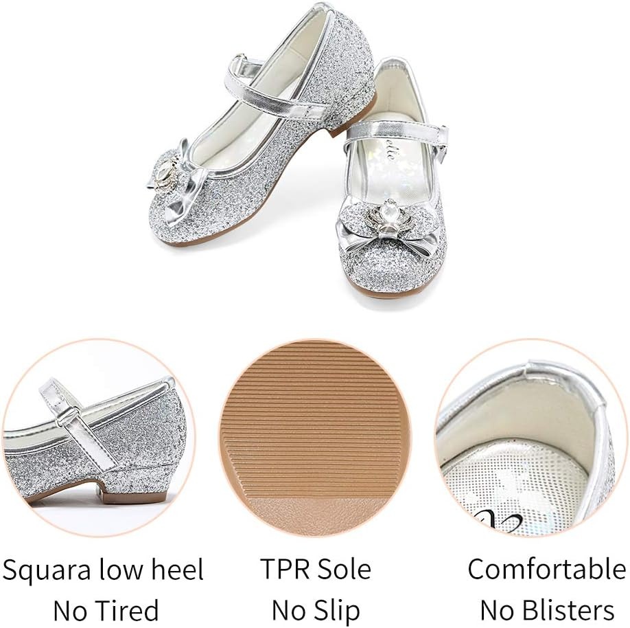 Stelle Girls Dress Shoes Glitter Princess Low Heels for Party Wedding Prom | Shiny glitter finish, Bowknot charms, 1 inch Low Heel, Cushioned comfort, Dress-up, Special occasions, Comfortable fit(T13-silver Glitter)