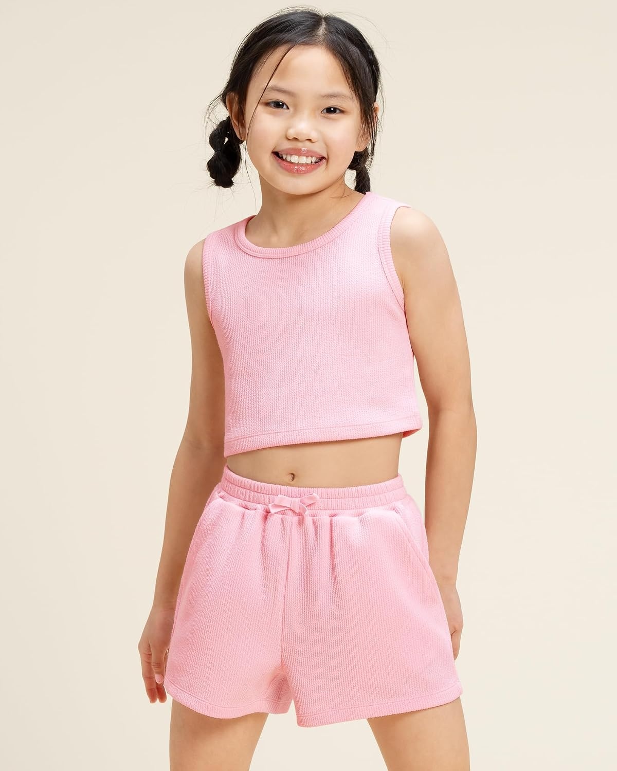 Stelle Girls 2 Piece Outfits Tank Top and Shorts with Pockets 5-15 Years | Girls Ribbed Crop Tops,Scoop Neck,Sleeveless shirts,Elastic Waist Shorts,Bow Waist,Side Pockets(Pink)