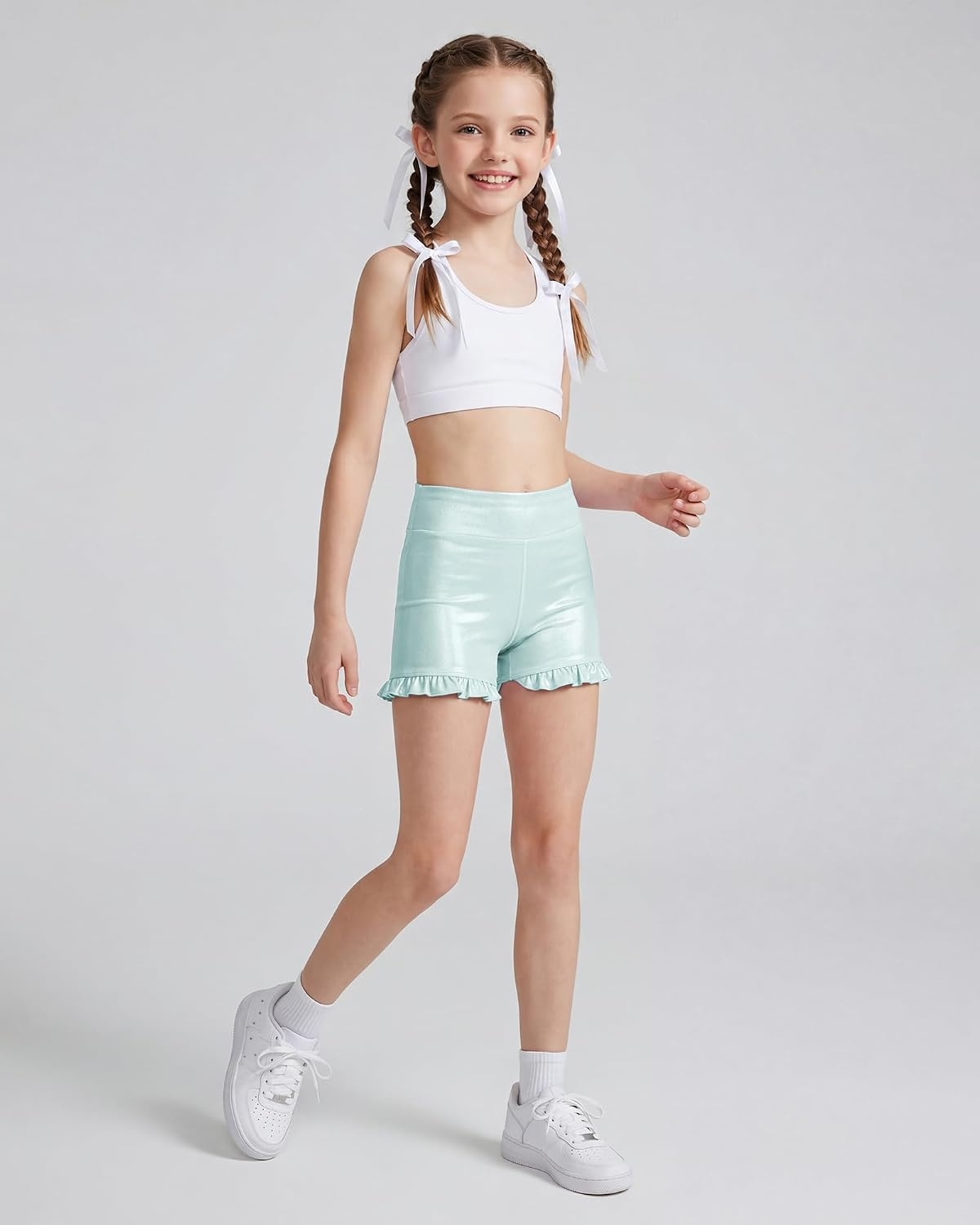 Stelle Girls Dance Shorts Metallic Gymnastics Ruffle Short 6-15 Years | Sparkly Shiny, Stretchy, Comfortable, Cheer, Dancewear, Athletic, Birthday Party, Kids, Youth, Volleyball(Light Blue)