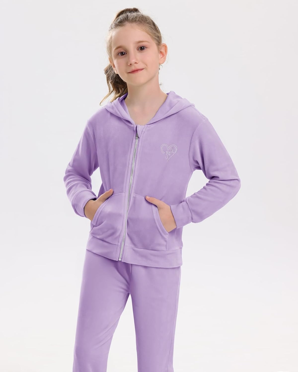 Stelle Girls Velour Tracksuits Zip Up Hoodies Joggers with Pockets 5-15 Y | Sweatshirt with Pockets,Chin Guard,Elastic Waist,Fall Winter Outfits,Holiday,Christmas,Toddler,Little Girl ,Tween,Teen,Preppy(Lilac)