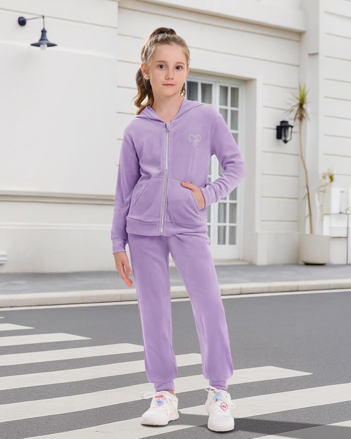 Stelle Girls Velour Tracksuits Zip Up Hoodies Joggers with Pockets 5-15 Y | Sweatshirt with Pockets,Chin Guard,Elastic Waist,Fall Winter Outfits,Holiday,Christmas,Toddler,Little Girl ,Tween,Teen,Preppy(Lilac)