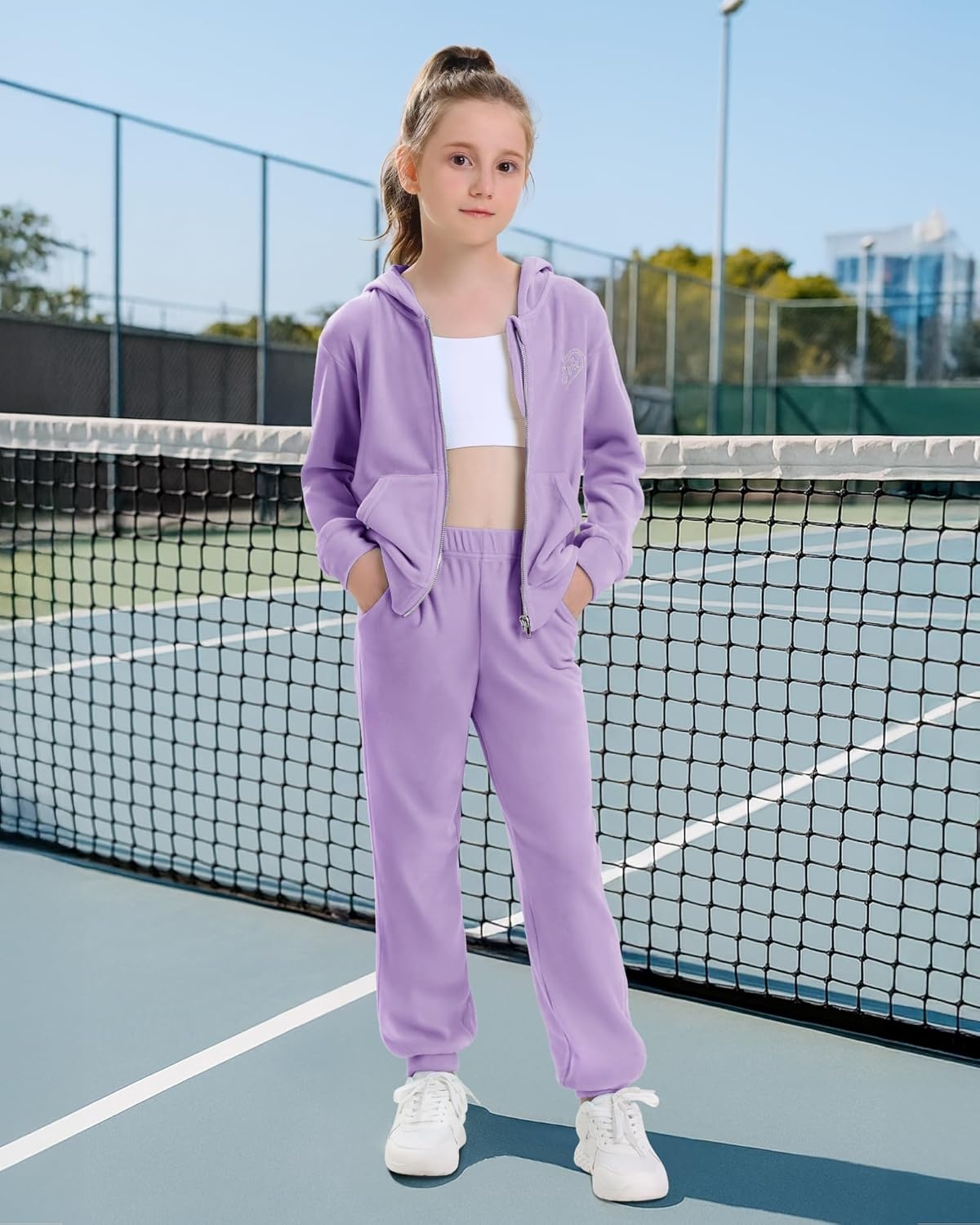 Stelle Girls Velour Tracksuits Zip Up Hoodies Joggers with Pockets 5-15 Y | Sweatshirt with Pockets,Chin Guard,Elastic Waist,Fall Winter Outfits,Holiday,Christmas,Toddler,Little Girl ,Tween,Teen,Preppy(Lilac)