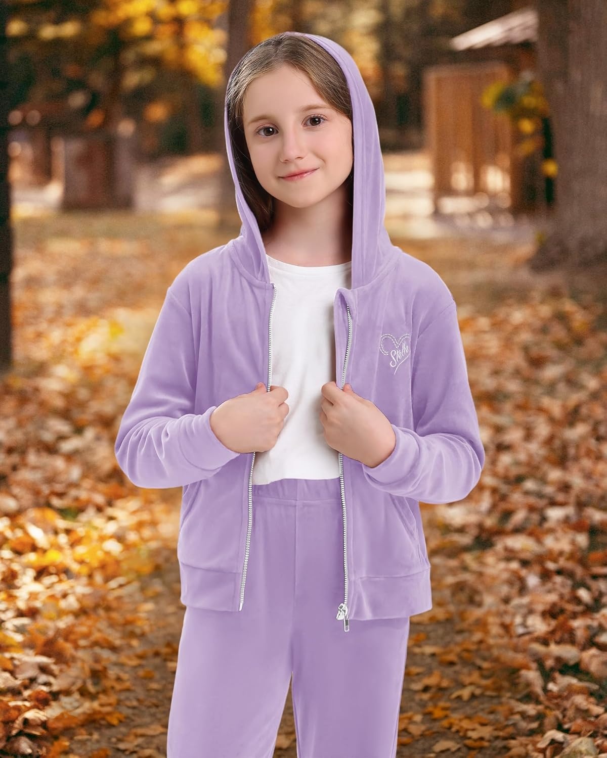 Stelle Girls Velour Tracksuits Zip Up Hoodies Joggers with Pockets 5-15 Y | Sweatshirt with Pockets,Chin Guard,Elastic Waist,Fall Winter Outfits,Holiday,Christmas,Toddler,Little Girl ,Tween,Teen,Preppy(Lilac)