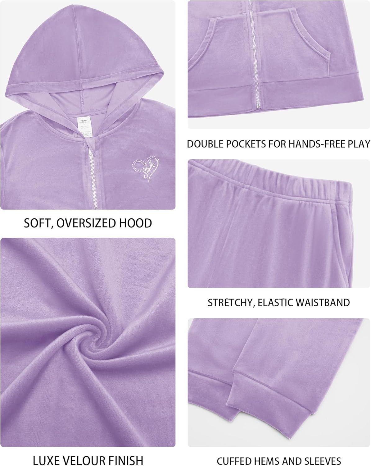 Stelle Girls Velour Tracksuits Zip Up Hoodies Joggers with Pockets 5-15 Y | Sweatshirt with Pockets,Chin Guard,Elastic Waist,Fall Winter Outfits,Holiday,Christmas,Toddler,Little Girl ,Tween,Teen,Preppy(Lilac)