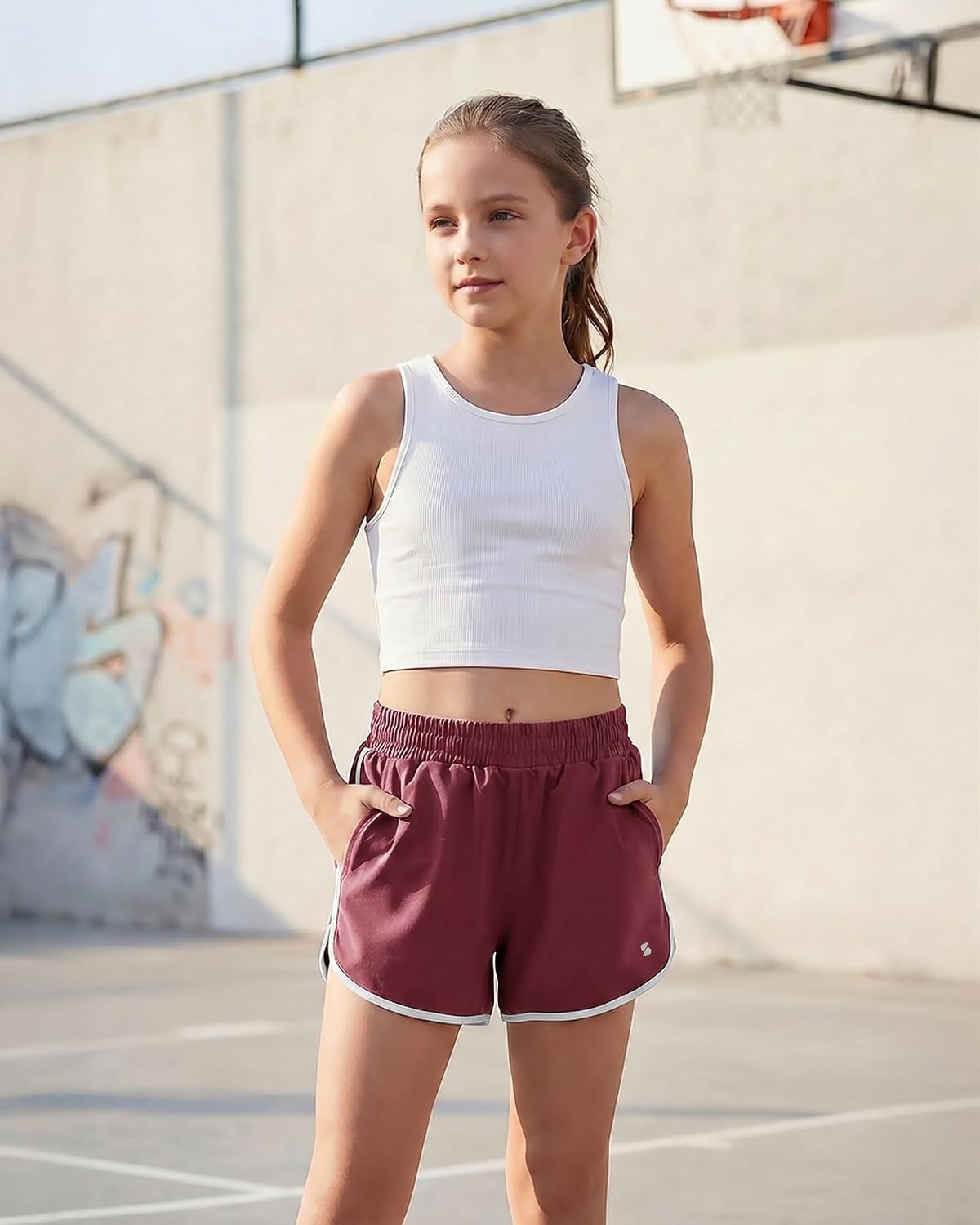 Stelle Girls Athletic Shorts with Pockets Quick Dry Running Shorts for Teen(Maroon)