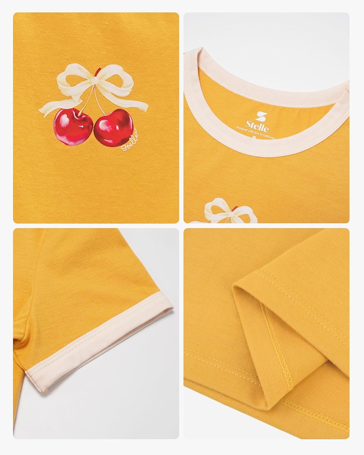 Stelle Girls Retro Graphic T Shirt Soft Stretch Crewneck for School | Lightweight, Breathable, Soft, Stretchy, Cherry graphic, Relaxed fit, School, Play, Sports, Everyday wear, Vintage style(Cherry|yellow)