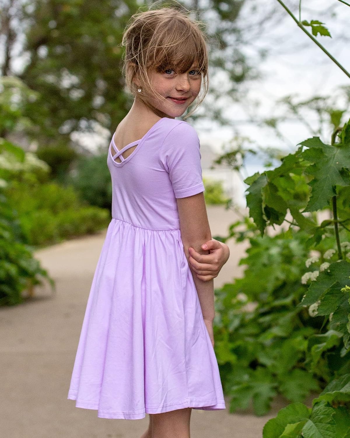 Stelle Girls Cotton Short Sleeve Twirl Skater Dress 3T-12Y | Twirl-Friendly Skirt, A Line,Criss Cross Back,Dress for School,Dance,Playwear,Casual,Active,Soft Stretch Breathable Comfy(A02-lavender (Without Pocket))