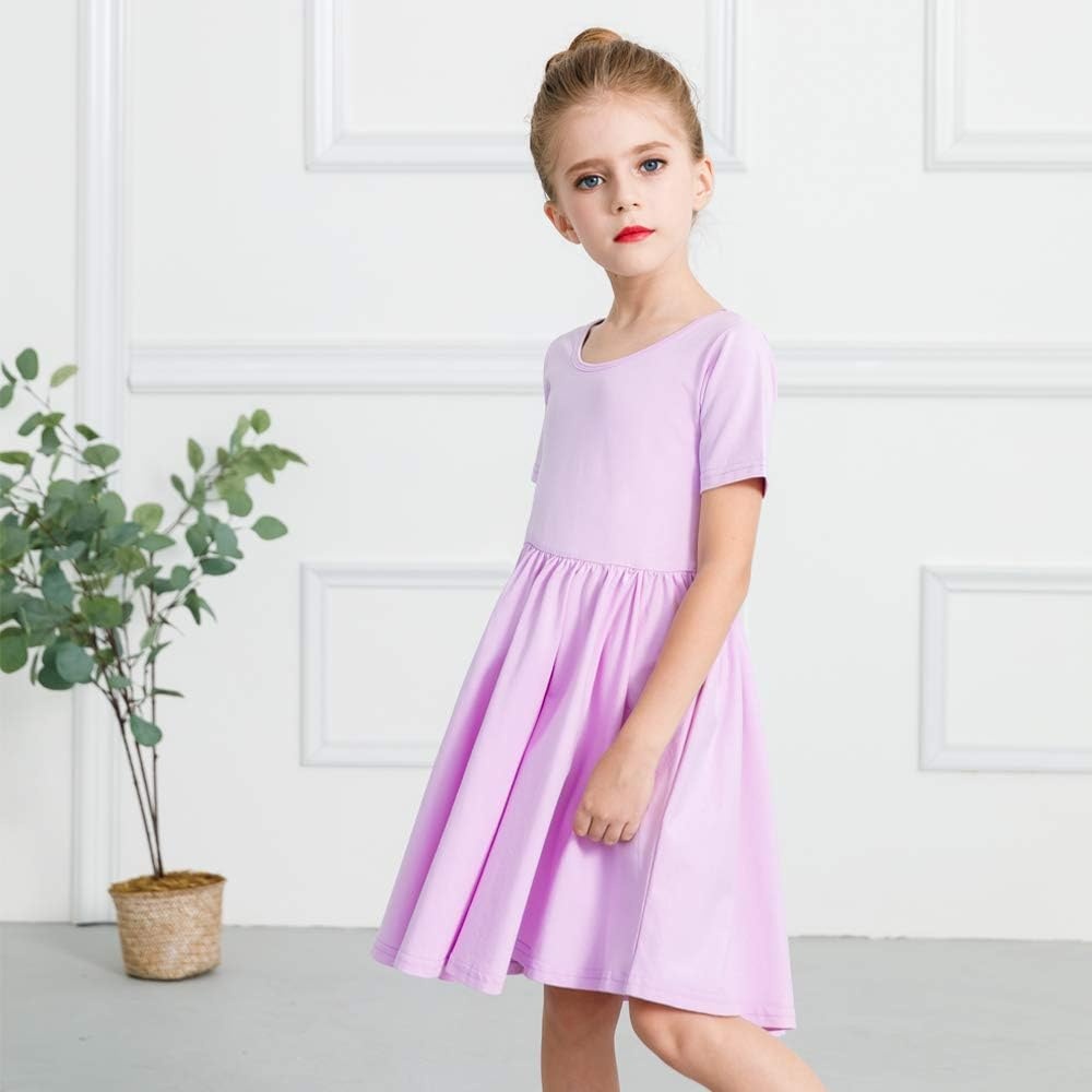 Stelle Girls Cotton Short Sleeve Twirl Skater Dress 3T-12Y | Twirl-Friendly Skirt, A Line,Criss Cross Back,Dress for School,Dance,Playwear,Casual,Active,Soft Stretch Breathable Comfy(A02-lavender (Without Pocket))