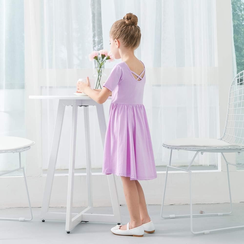 Stelle Girls Cotton Short Sleeve Twirl Skater Dress 3T-12Y | Twirl-Friendly Skirt, A Line,Criss Cross Back,Dress for School,Dance,Playwear,Casual,Active,Soft Stretch Breathable Comfy(A02-lavender (Without Pocket))