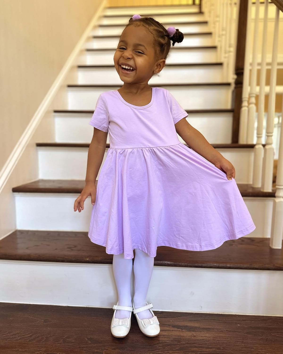 Stelle Girls Cotton Short Sleeve Twirl Skater Dress 3T-12Y | Twirl-Friendly Skirt, A Line,Criss Cross Back,Dress for School,Dance,Playwear,Casual,Active,Soft Stretch Breathable Comfy(A02-lavender (Without Pocket))