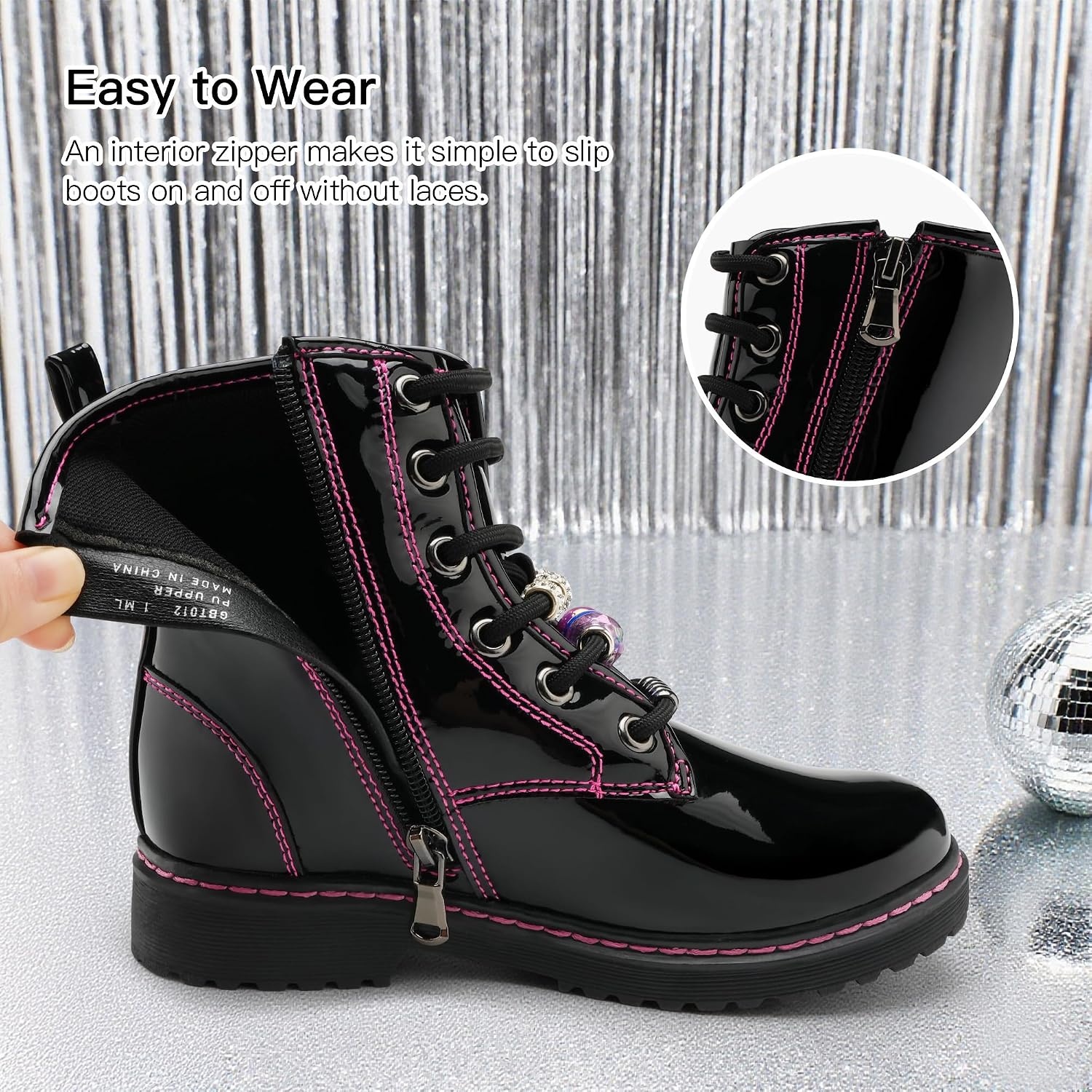 Stelle Kids Boots Toddler Girl Boots DIY Combat Ankle Boots Side Zipper(Publack Pat)