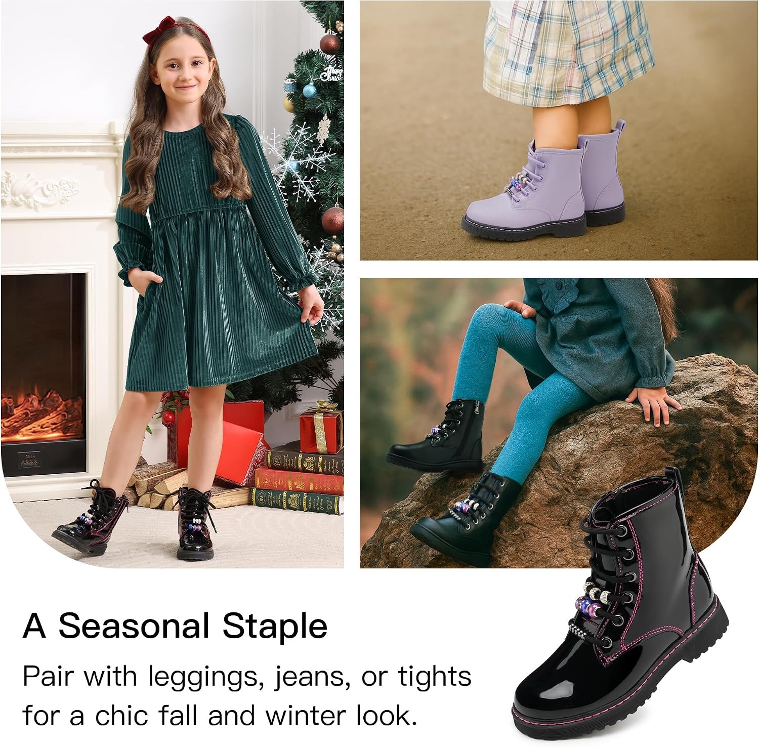 Stelle Kids Boots Toddler Girl Boots DIY Combat Ankle Boots Side Zipper(Publack Pat)