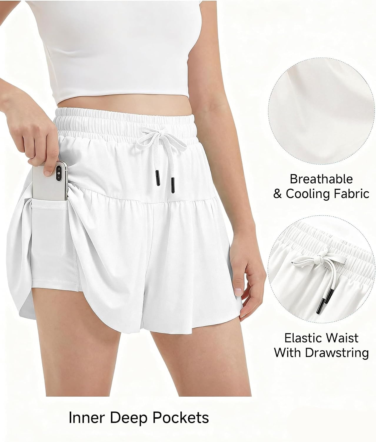 Stelle Girls 2 in 1 Butterfly Shorts Flowy Athletic Shorts with Pocket | Flowy Butterfly Layer, Built-In Shorts, Hidden Side Pockets, Running, Dance, Cheer, Tennis, Sports, Everyday Wear(White)