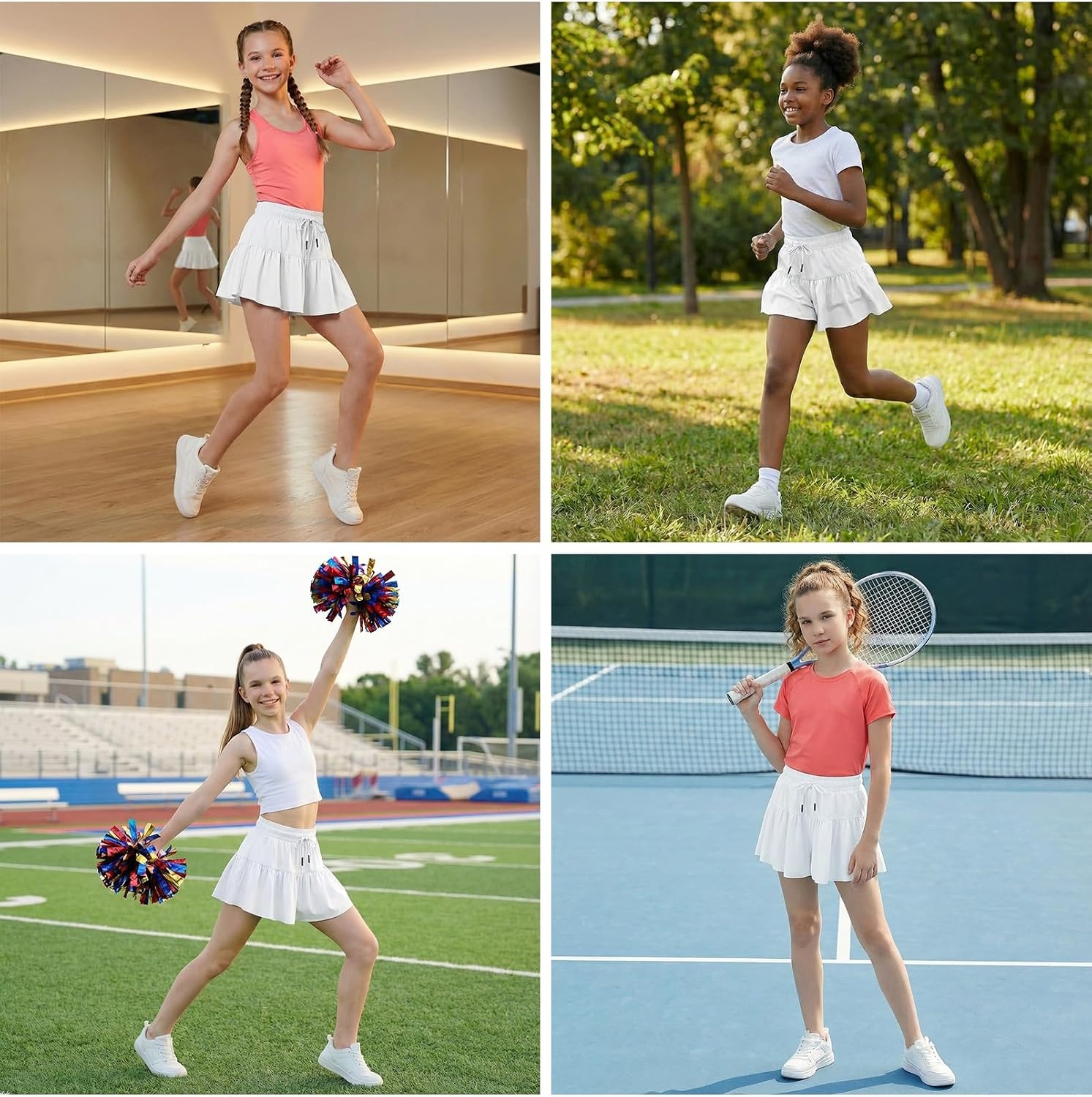 Stelle Girls 2 in 1 Butterfly Shorts Flowy Athletic Shorts with Pocket | Flowy Butterfly Layer, Built-In Shorts, Hidden Side Pockets, Running, Dance, Cheer, Tennis, Sports, Everyday Wear(White)