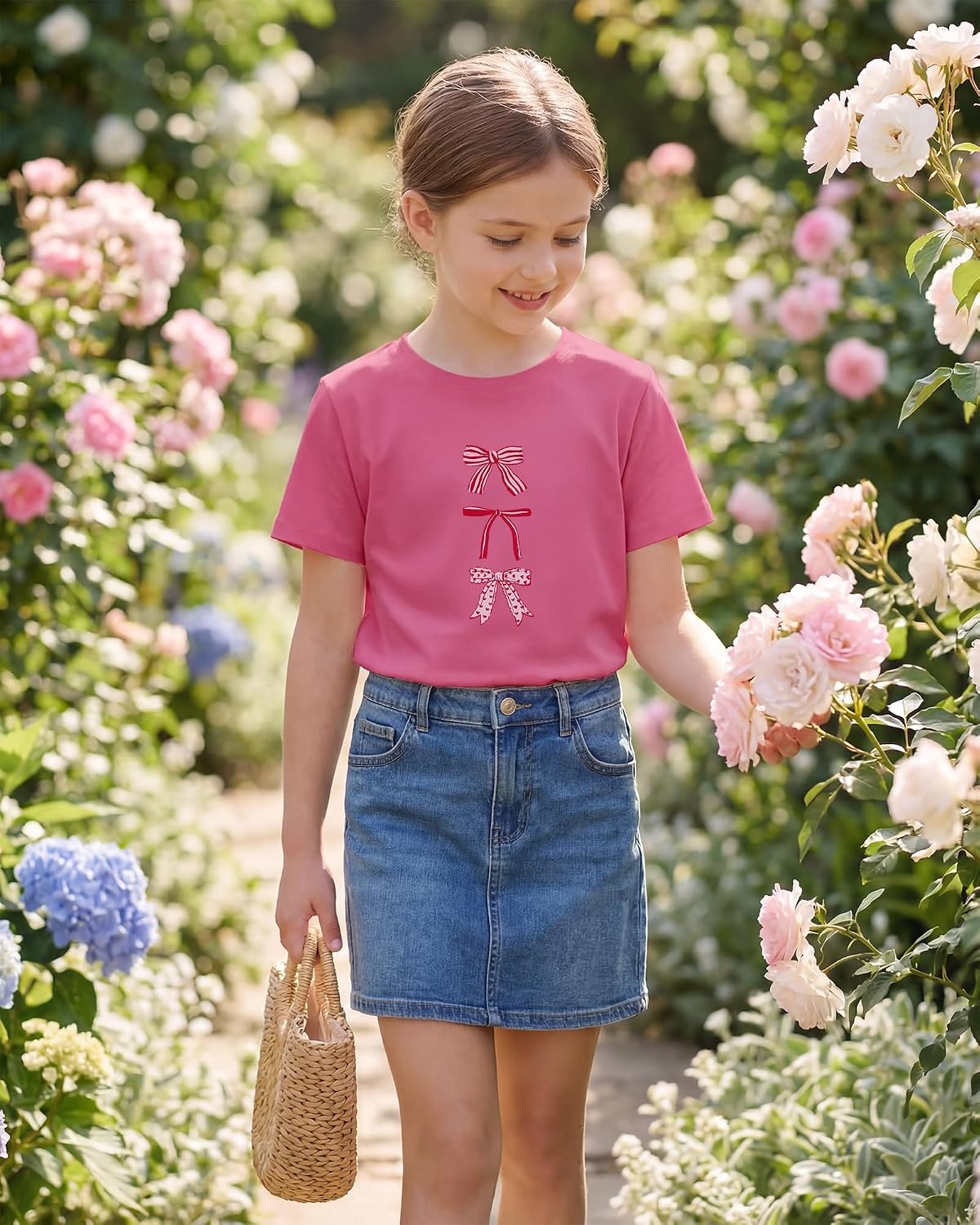 Stelle Girls T Shirts Graphic Tees Short Sleeve Tshirts Crewneck Cute Summer Casual Basic Tops for Kids Teen 4-15 Years(Sweet Knot|fuchsia)