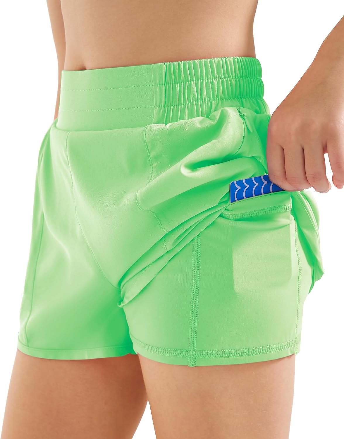 Stelle Girls 2-in-1 Athletic Shorts with Zipper Pockets for Running Sports(Neon Green)