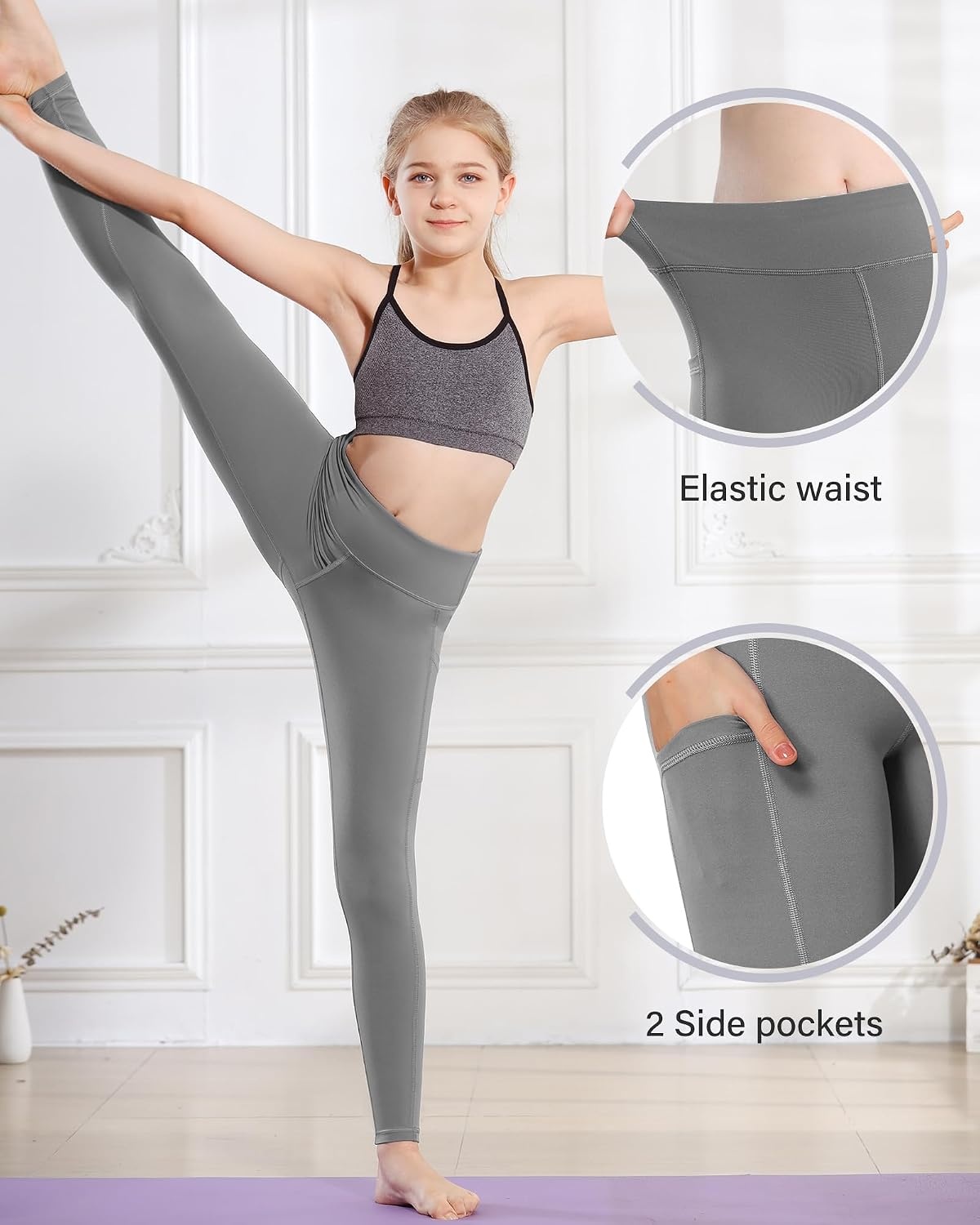 Stelle Girls Leggings with Pockets Kids Dance Yoga Running Athletic Pants(Zinc Grey)