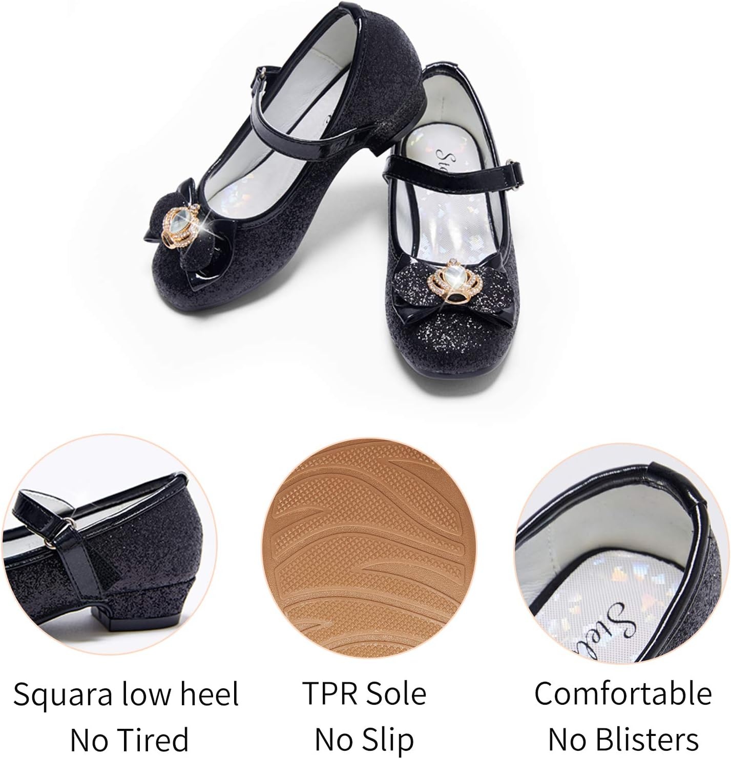 Stelle Girls Dress Shoes Glitter Princess Low Heels for Party Wedding Prom | Shiny glitter finish, Bowknot charms, 1 inch Low Heel, Cushioned comfort, Dress-up, Special occasions, Comfortable fit(T13-black Glitter)