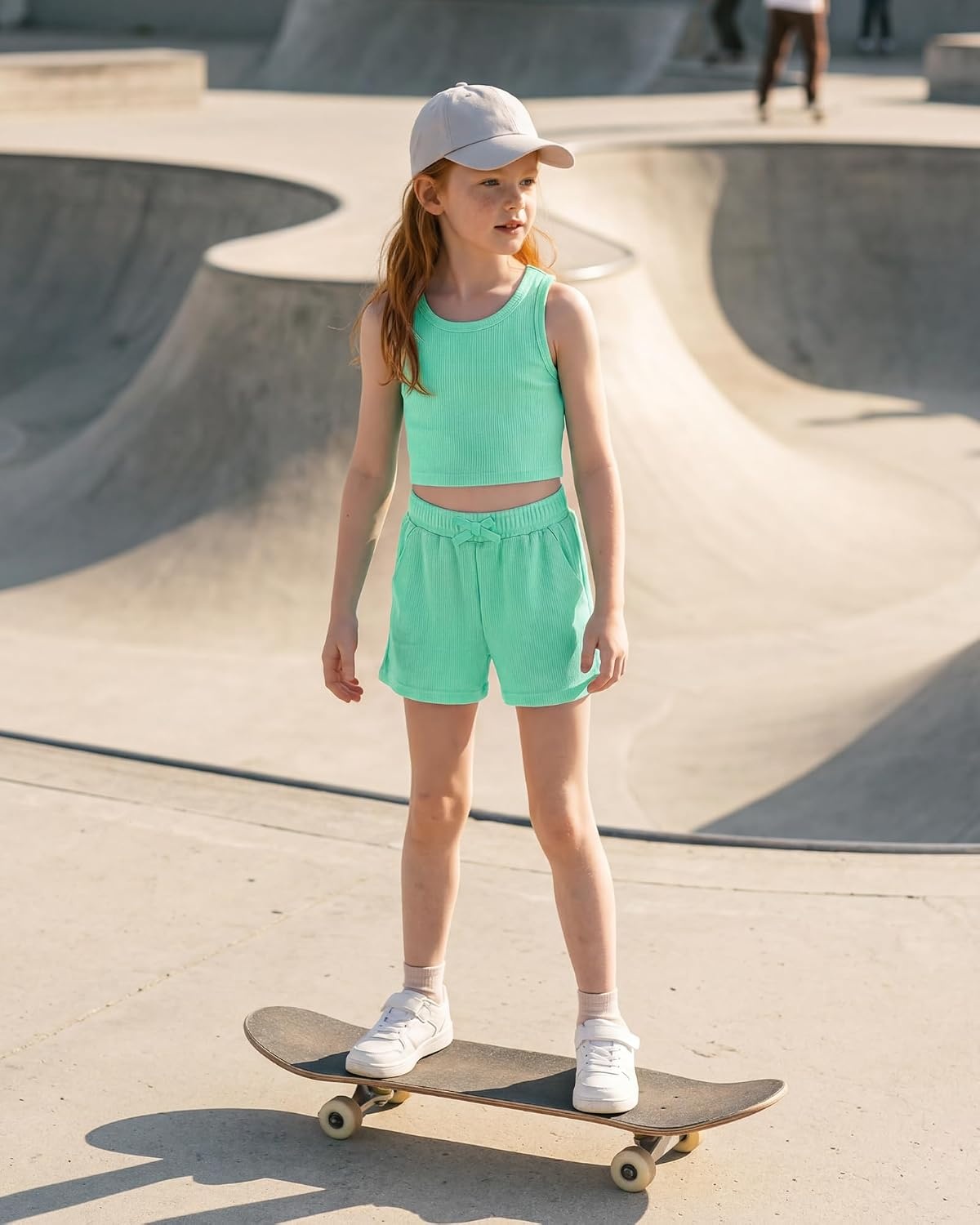 Stelle Girls 2 Piece Outfits Tank Top and Shorts with Pockets 5-15 Years | Girls Ribbed Crop Tops,Scoop Neck,Sleeveless shirts,Elastic Waist Shorts,Bow Waist,Side Pockets(Mint Green)