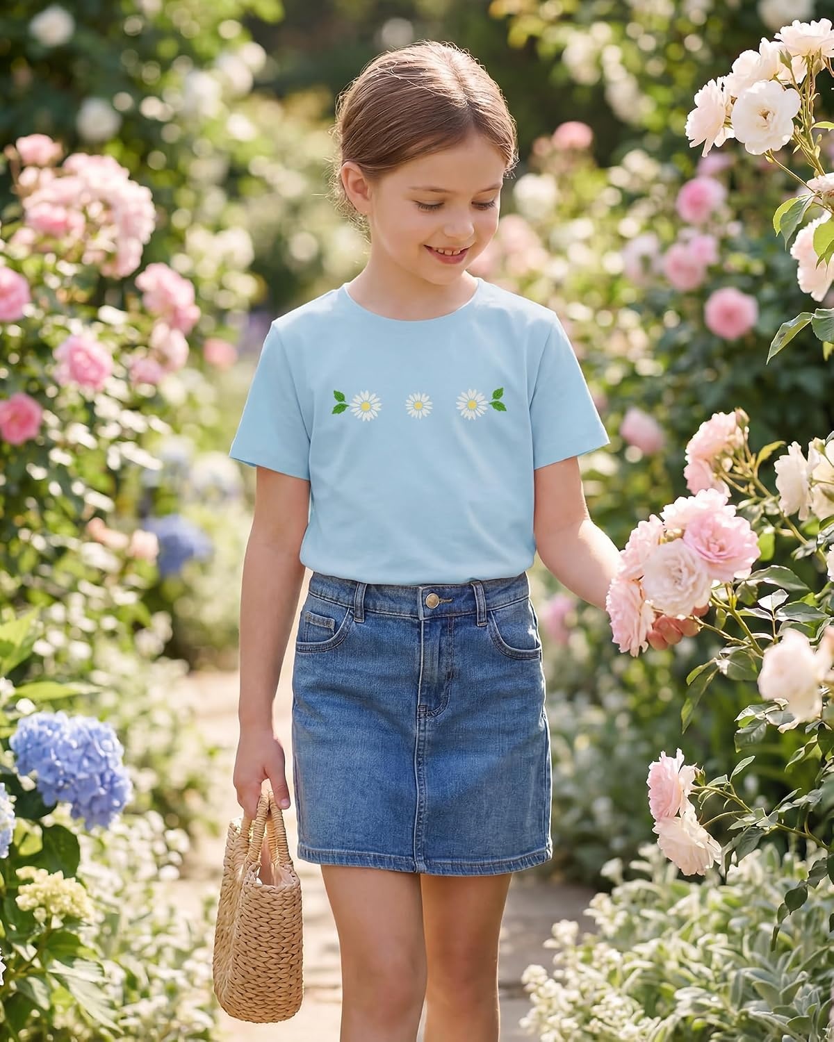 Stelle Girls T Shirts Graphic Tees Short Sleeve Tshirts Crewneck Cute Summer Casual Basic Tops for Kids Teen 4-15 Years(Baby Daisy|blue)