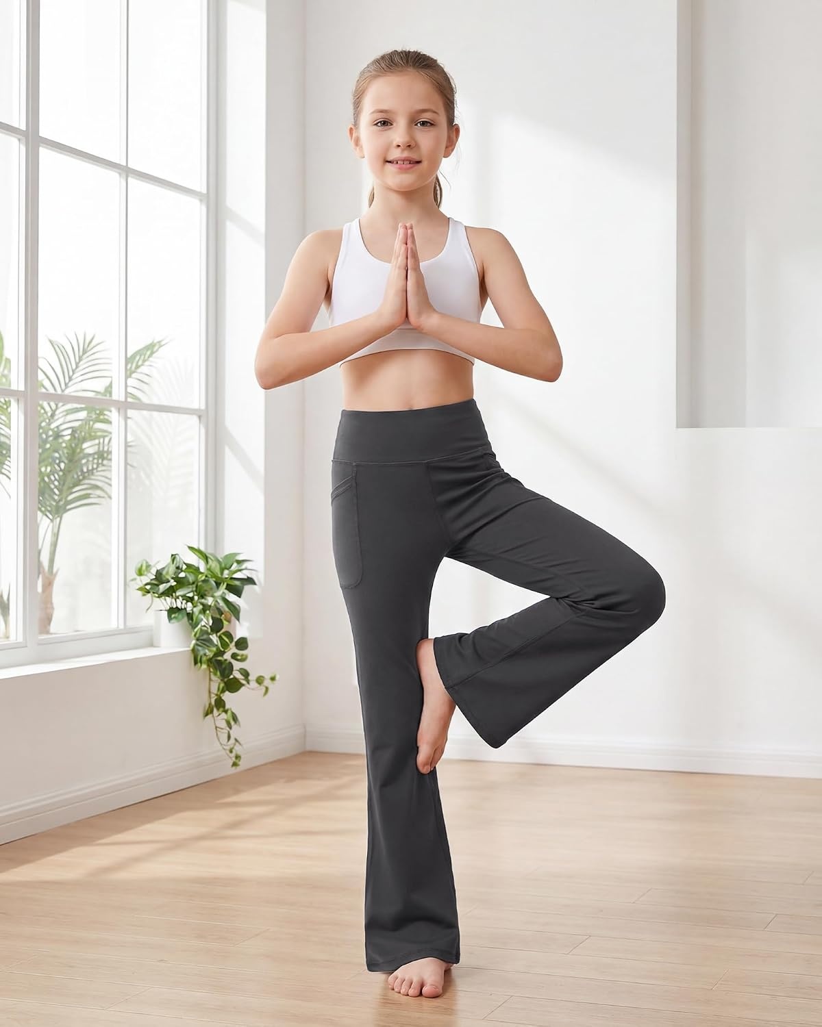 Stelle Girls Flare Leggings High Waisted Bootcut Yoga Pants with Pockets(Charcoal)