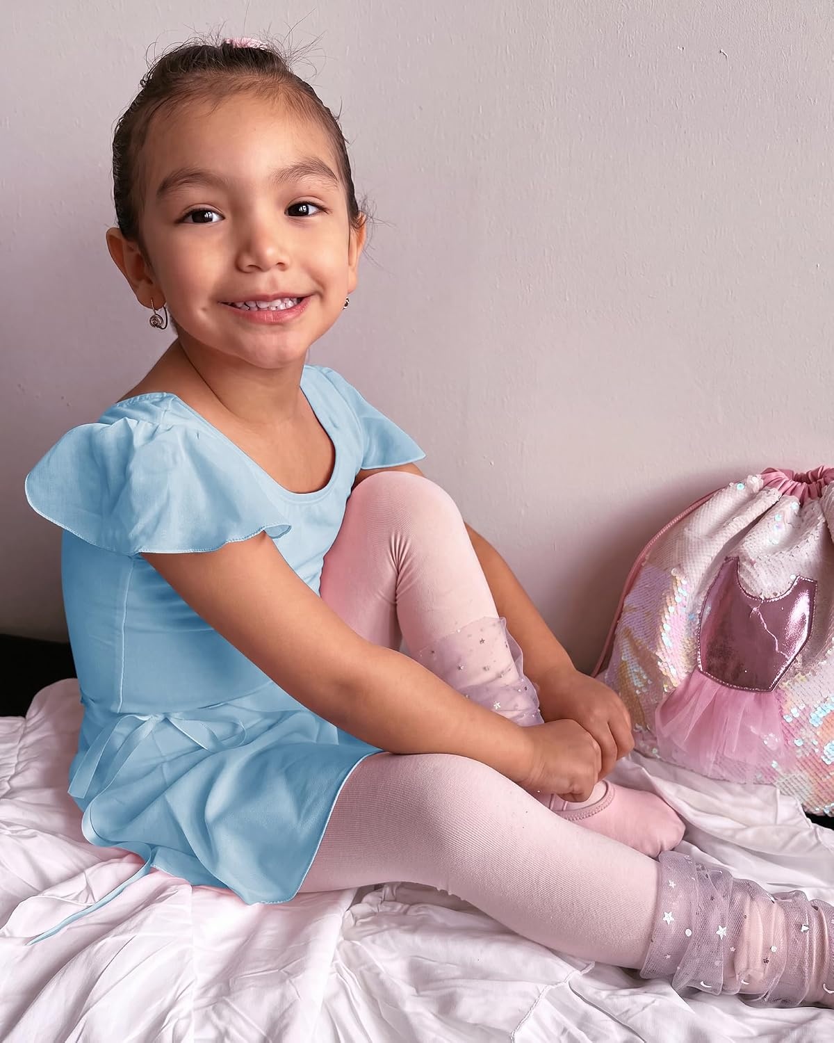 Stelle Girls Ballet Leotards Toddler Dance Combo with Skirt and Tights(3-blue (Ruffle Sleeve))