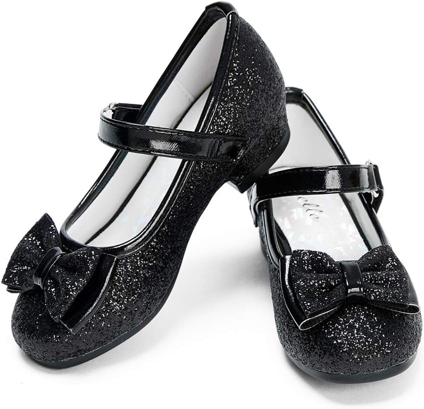 Stelle Girls Dress Shoes Glitter Princess Low Heels for Party Wedding Prom | Shiny glitter finish, Bowknot charms, 1 inch Low Heel, Cushioned comfort, Dress-up, Special occasions, Comfortable fit(T08-black Glitter)