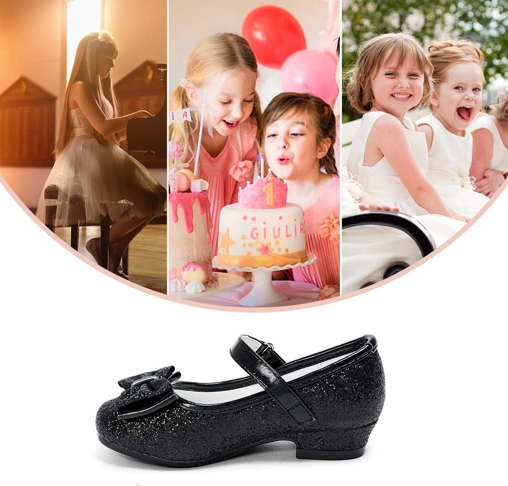 Stelle Girls Dress Shoes Glitter Princess Low Heels for Party Wedding Prom | Shiny glitter finish, Bowknot charms, 1 inch Low Heel, Cushioned comfort, Dress-up, Special occasions, Comfortable fit(T08-black Glitter)