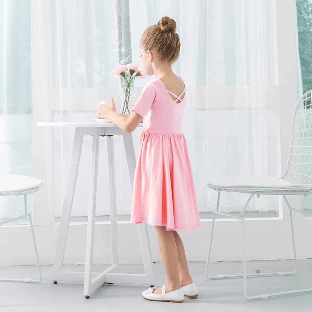 Stelle Girls Cotton Short Sleeve Twirl Skater Dress 3T-12Y(A02-pink (Without Pocket))