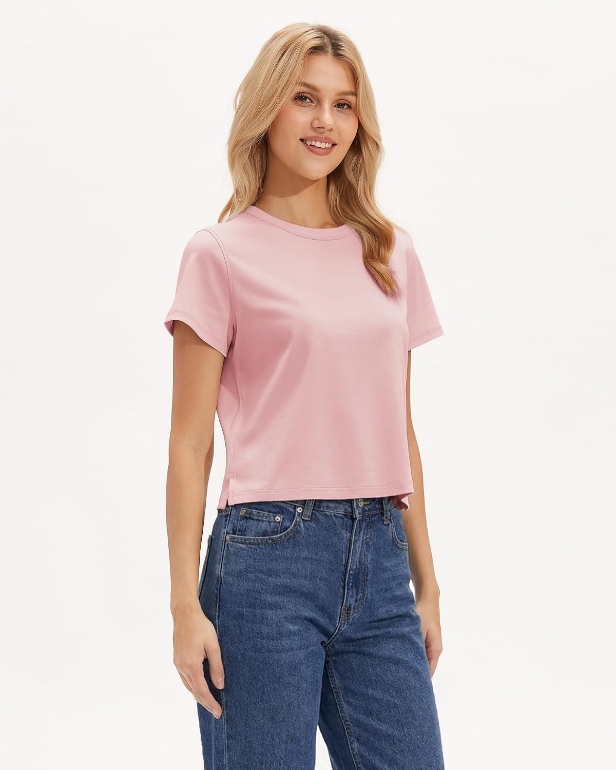Stelle Women Cotton Blend Tshirts Shirts Boxy Cropped T- Shirts Basic Tees | Relaxed fit, Side slits, Lightweight comfort, Everyday layering, Streetwear, Machine washable, Soft hand feel(Light Pink)