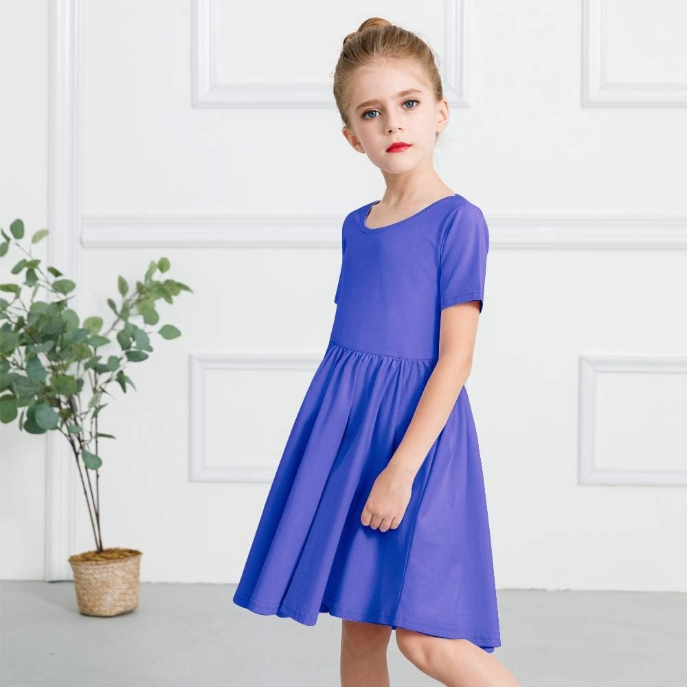 Stelle Girls Cotton Short Sleeve Twirl Skater Dress 3T-12Y | Twirl-Friendly Skirt, A Line,Criss Cross Back,Dress for School,Dance,Playwear,Casual,Active,Soft Stretch Breathable Comfy(A02-royal Blue (Without Pocket))