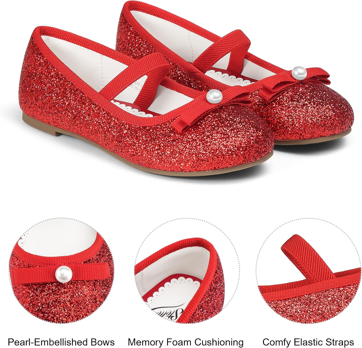Stelle Girls Glitter Dress Shoes Flats with Pearl Bow for Party Flower Girl | Elastic strap, Cushioned comfort, Princess shoes, Ballet flat style, Flower girl, Dress-up, Special occasions(Red)