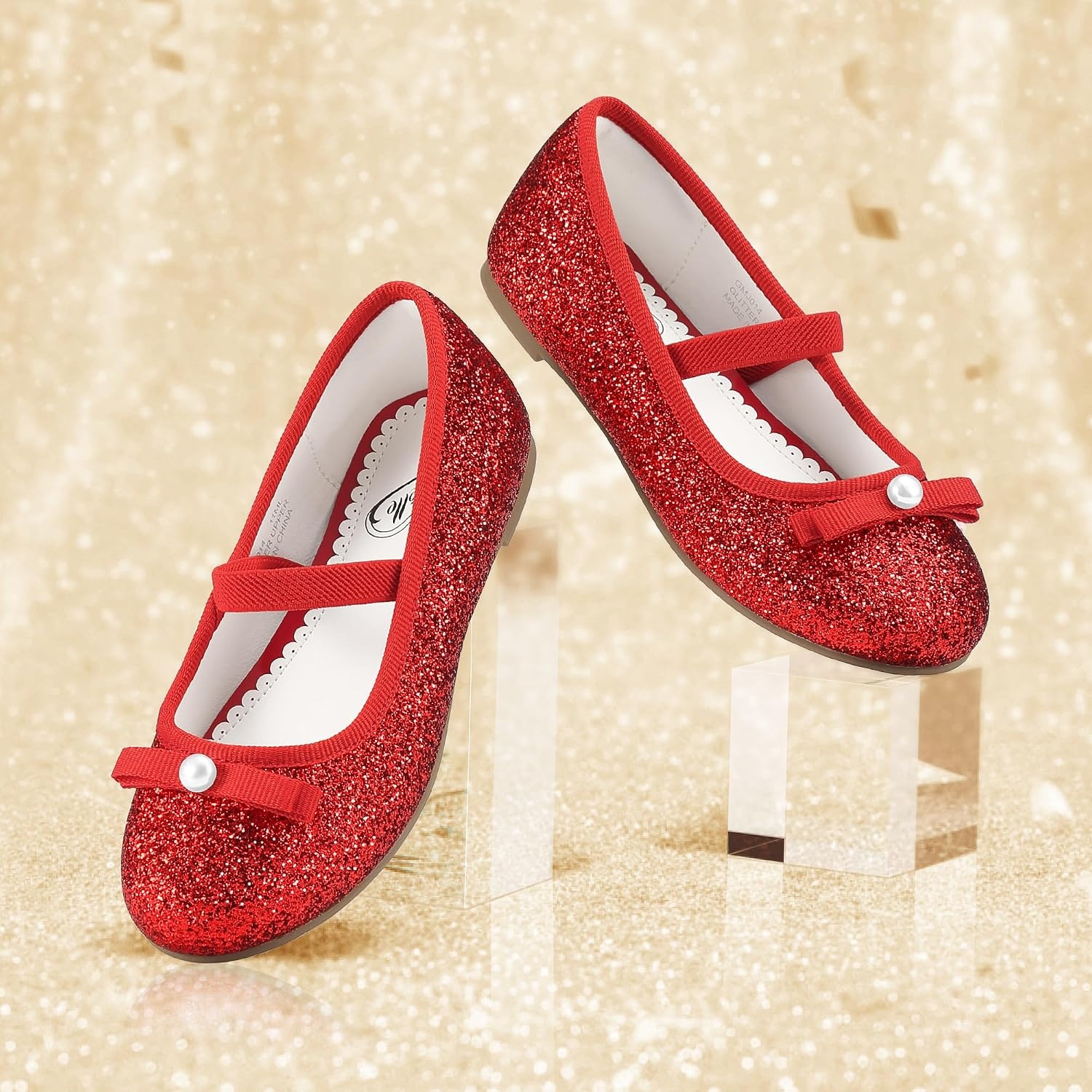 Stelle Girls Glitter Dress Shoes Flats with Pearl Bow for Party Flower Girl | Elastic strap, Cushioned comfort, Princess shoes, Ballet flat style, Flower girl, Dress-up, Special occasions(Red)