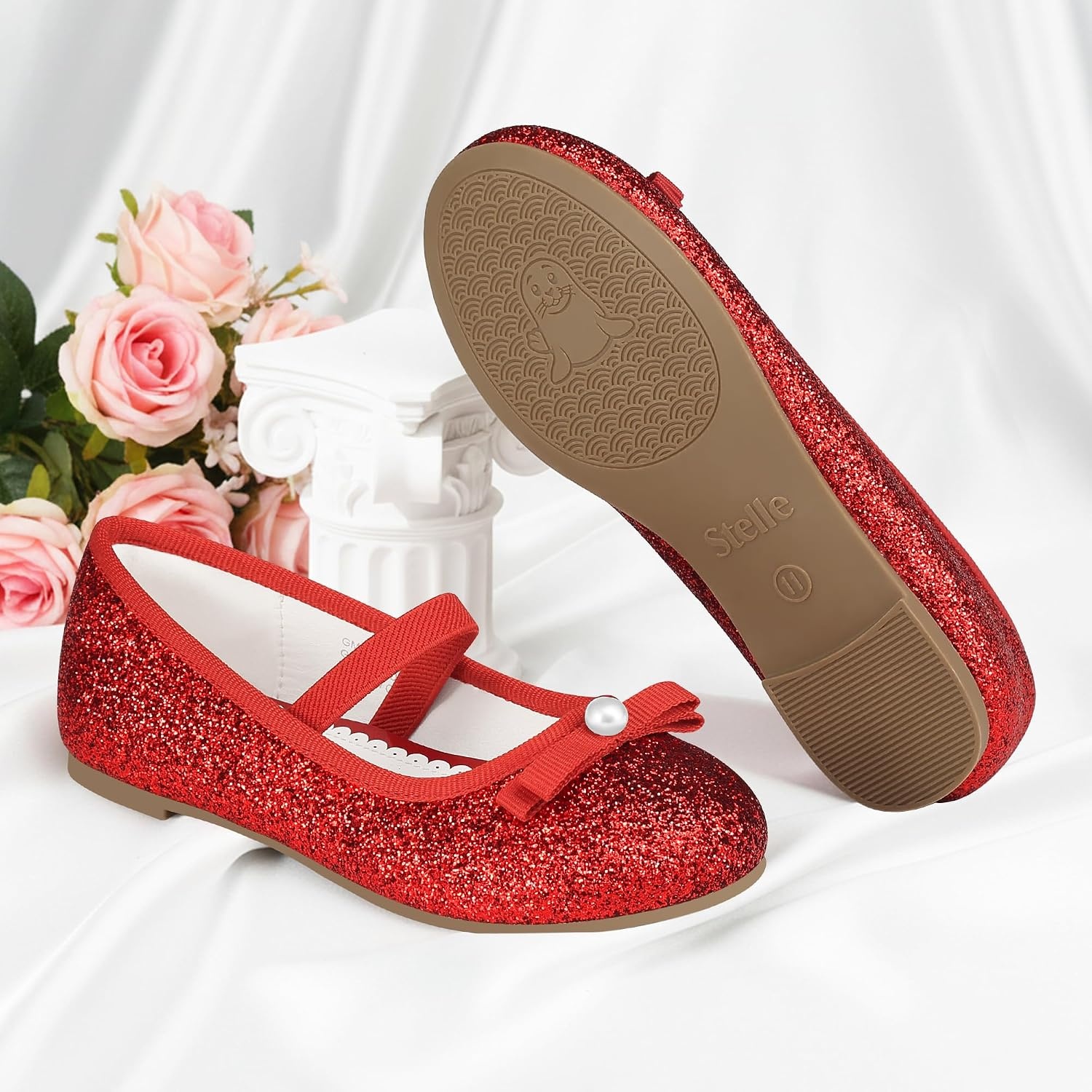 Stelle Girls Glitter Dress Shoes Flats with Pearl Bow for Party Flower Girl | Elastic strap, Cushioned comfort, Princess shoes, Ballet flat style, Flower girl, Dress-up, Special occasions(Red)