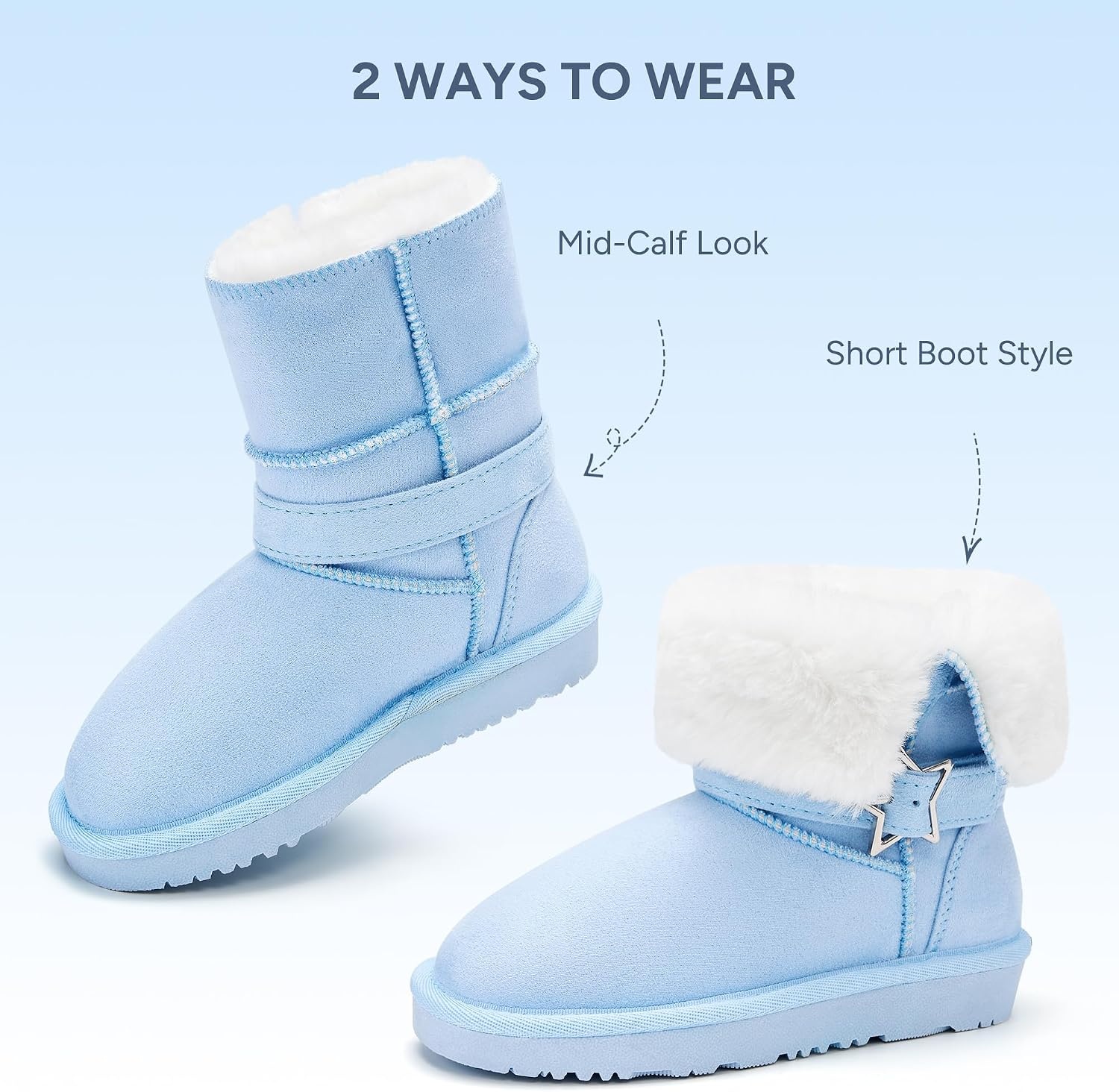 Stelle Girls Winter Boots Faux Fur Lined Fold-Down Collar | Faux Suede Upper,Non-Slip TPR Outsole,Pull-On,Lightweight,Cozy Snow Boots for Toddler,Little Kid & Big Kid(Light Blue)