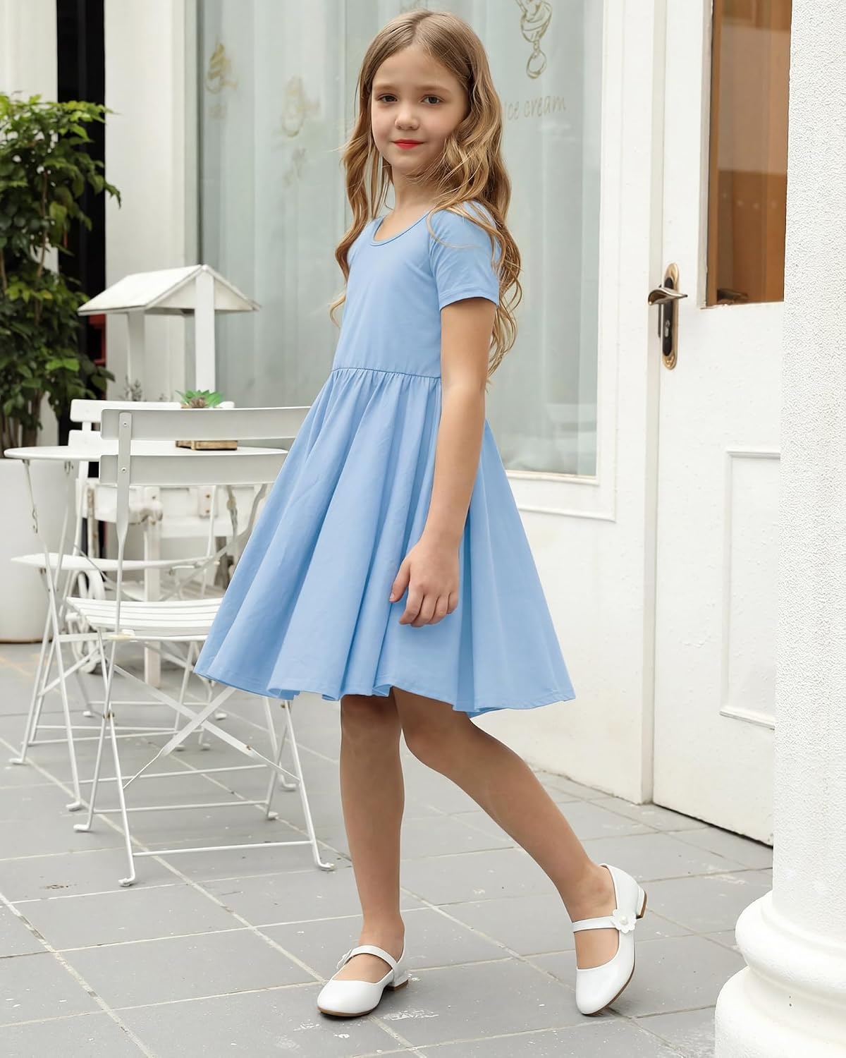 Stelle Girls Cotton Short Sleeve Twirl Skater Dress 3T-12Y | Twirl-Friendly Skirt, A Line,Criss Cross Back,Dress for School,Dance,Playwear,Casual,Active,Soft Stretch Breathable Comfy(A02-sky Blue (Without Pocket))