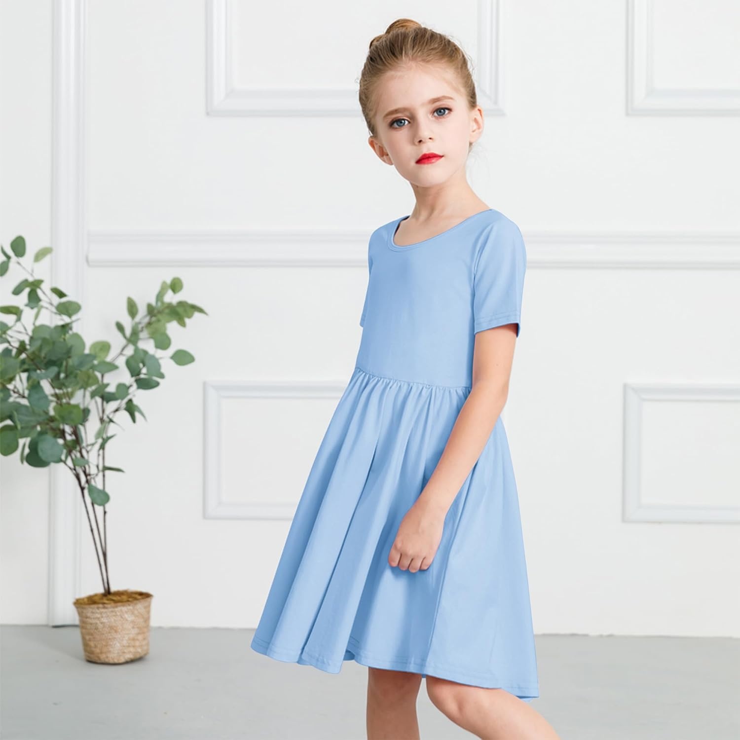 Stelle Girls Cotton Short Sleeve Twirl Skater Dress 3T-12Y | Twirl-Friendly Skirt, A Line,Criss Cross Back,Dress for School,Dance,Playwear,Casual,Active,Soft Stretch Breathable Comfy(A02-sky Blue (Without Pocket))