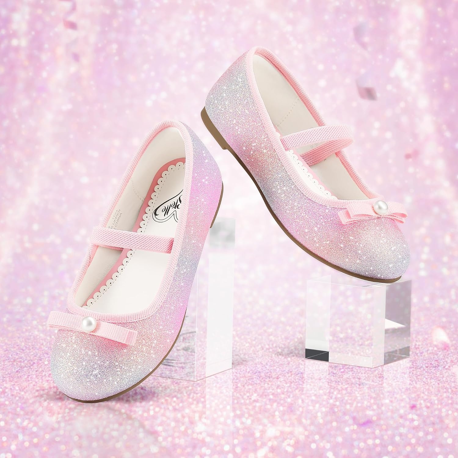 Stelle Girls Glitter Dress Shoes Flats with Pearl Bow for Party Flower Girl | Elastic strap, Cushioned comfort, Princess shoes, Ballet flat style, Flower girl, Dress-up, Special occasions(Pink Ombre)