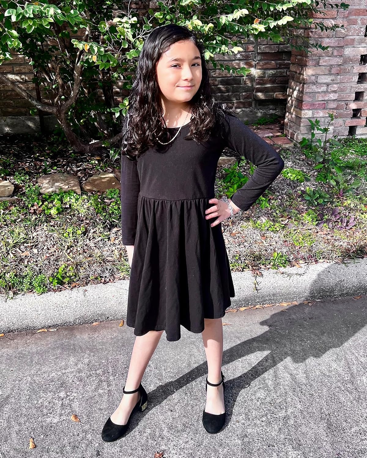 Stelle Girls Cotton Long Sleeve Dress Twirl Skater Dress 3-12Y(Black)
