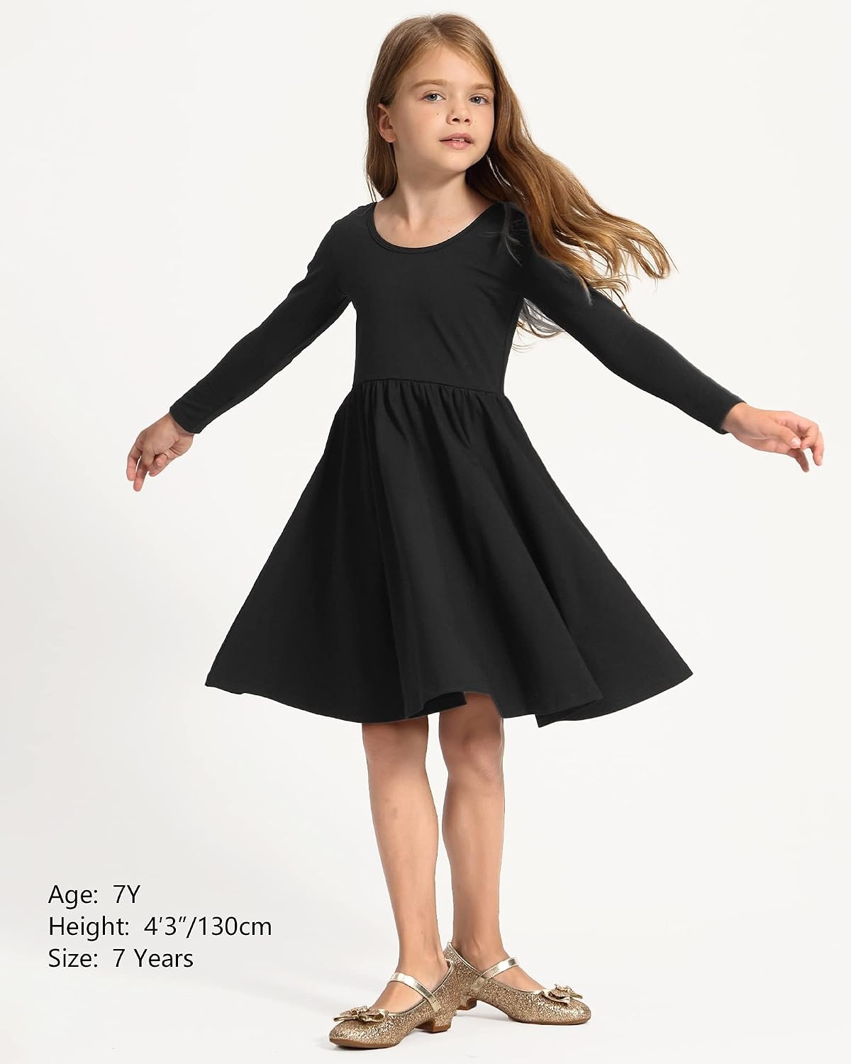 Stelle Girls Cotton Long Sleeve Dress Twirl Skater Dress 3-12Y(Black)