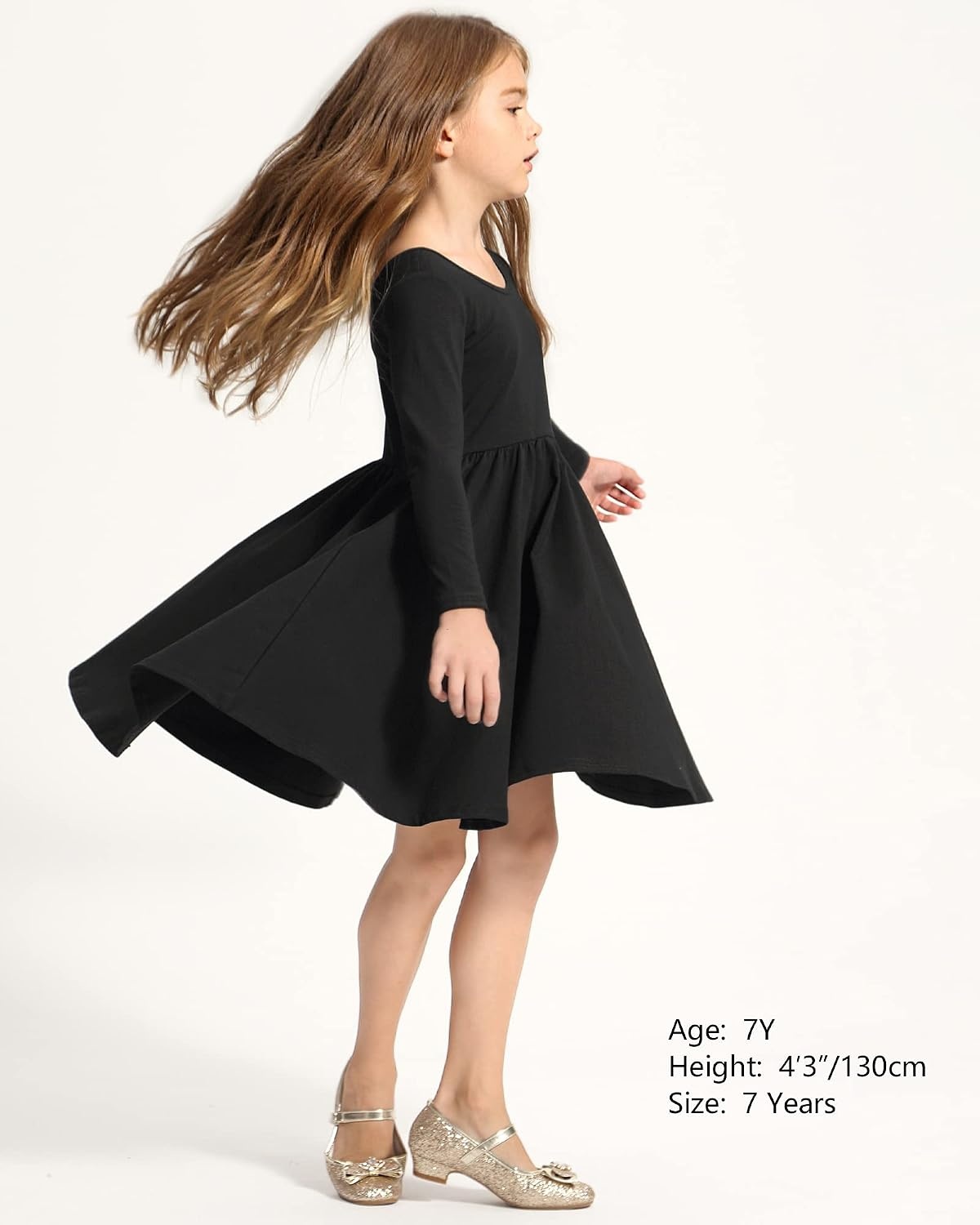 Stelle Girls Cotton Long Sleeve Dress Twirl Skater Dress 3-12Y(Black)
