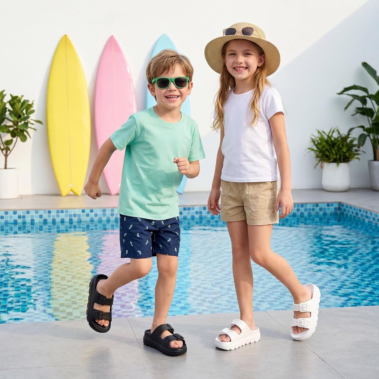 Stelle Girls Double Buckle Slide Sandals Boy Slippers(Black)