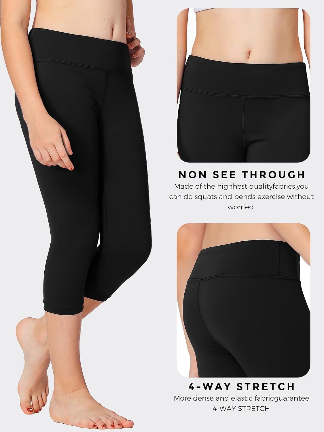 Stelle Girls Leggings with Hidden Pocket for Kids Dance Yoga Athletic Pants | High-rise waistband,Soft 4-way stretch,Moisture-wicking,Non see-through for dance,gymnastics,yoga,running and daily wear(A5-capri-black*2)