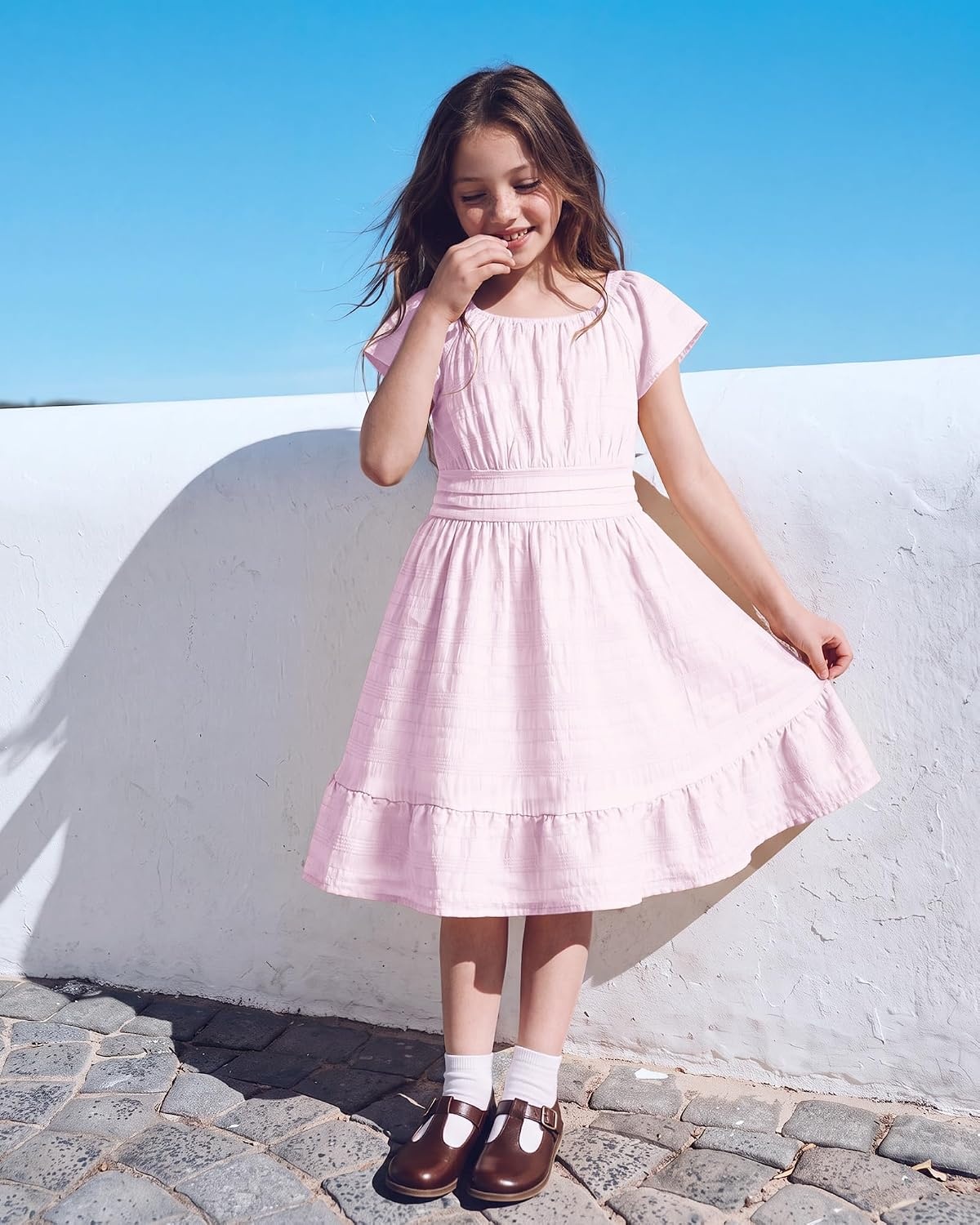Stelle Girls Summer Casual Smocked Dress 5-15 Years | Square Neck,Smocked Back,Cotton Lining,Short Sleeve,Double Layer,A Line,Twirl,Vacation School Beach Holiday Skater Dress(Lilac)