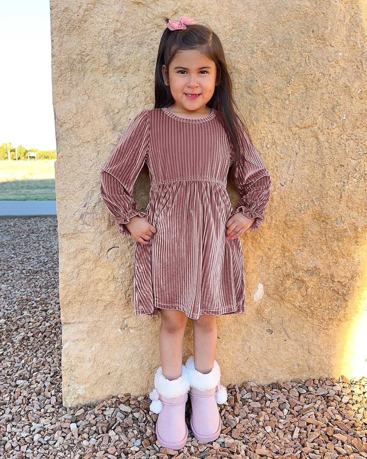 Stelle Girls Long Sleeve Velvet Dress Ruffled Crew Neck Midi A-Line Dresses Vintage Formal Party Winter Outfits (Rose Clay,XS)