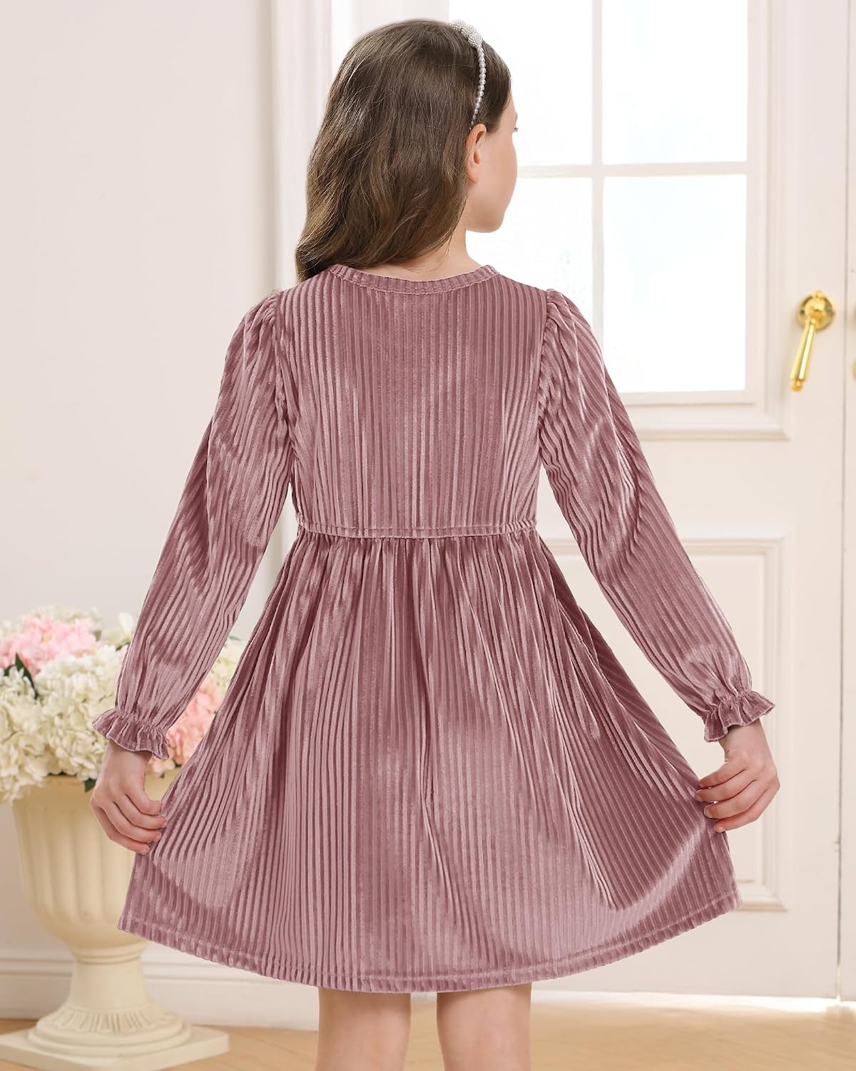Stelle Girls Long Sleeve Velvet Dress Ruffled Crew Neck Midi A-Line Dresses Vintage Formal Party Winter Outfits (Rose Clay,XS)