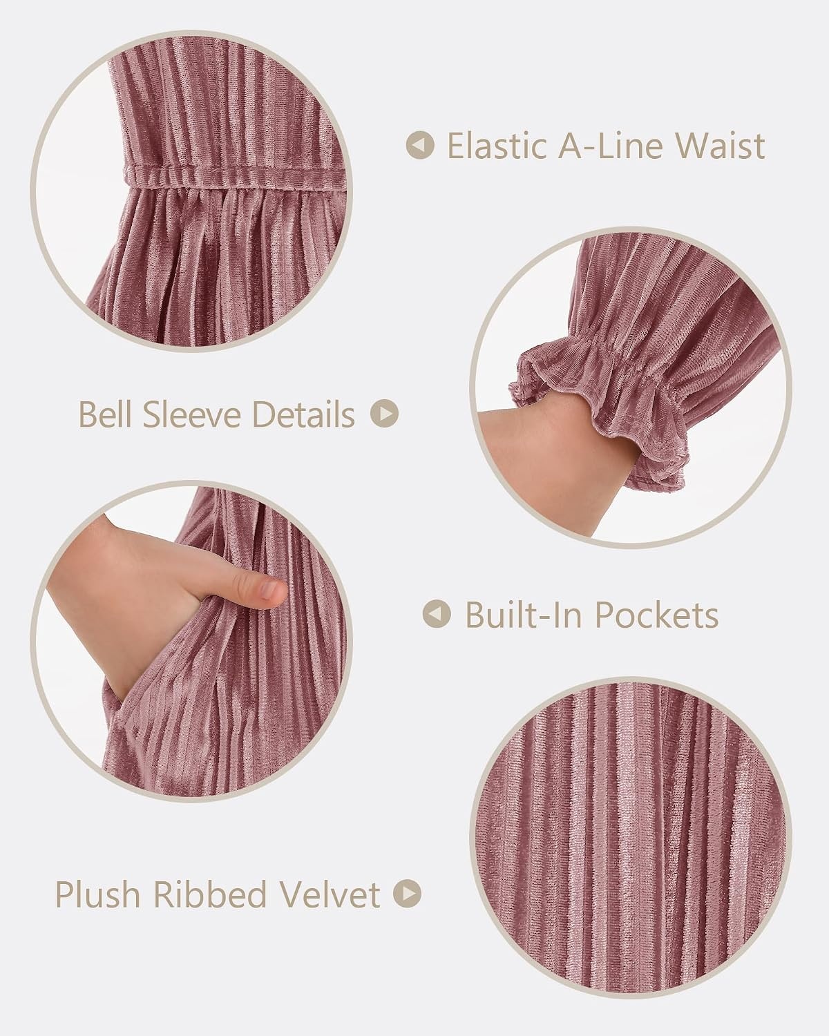 Stelle Girls Long Sleeve Velvet Dress Ruffled Crew Neck Midi A-Line Dresses Vintage Formal Party Winter Outfits (Rose Clay,XS)