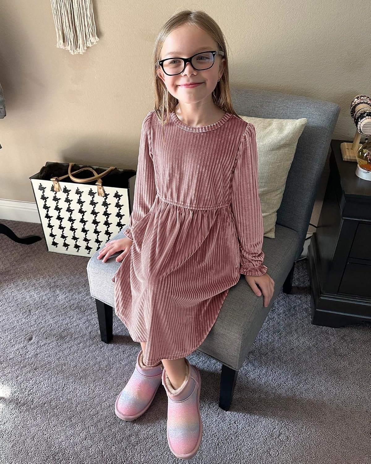 Stelle Girls Long Sleeve Velvet Dress Ruffled Crew Neck Midi A-Line Dresses Vintage Formal Party Winter Outfits (Rose Clay,XS)